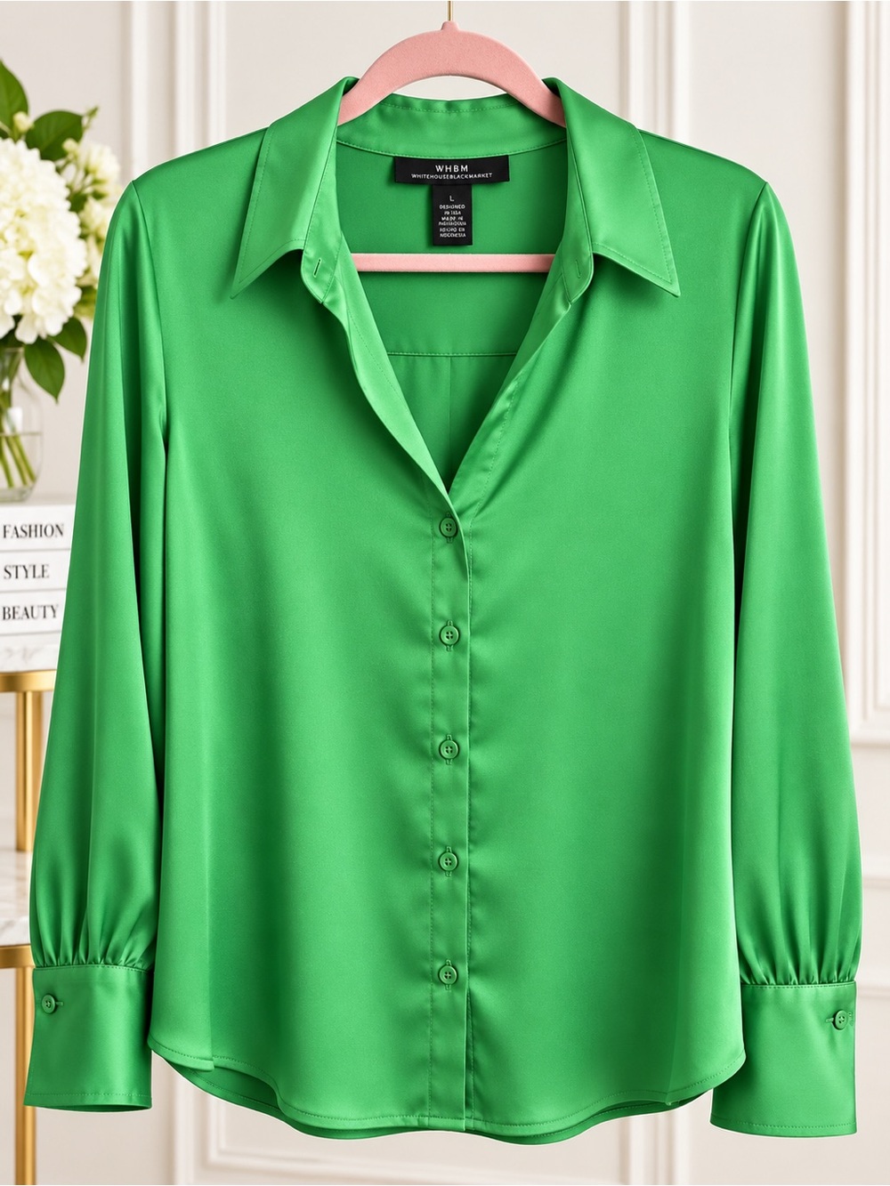White House Black Market Vibrant Green Satin Button-Down Shirt
